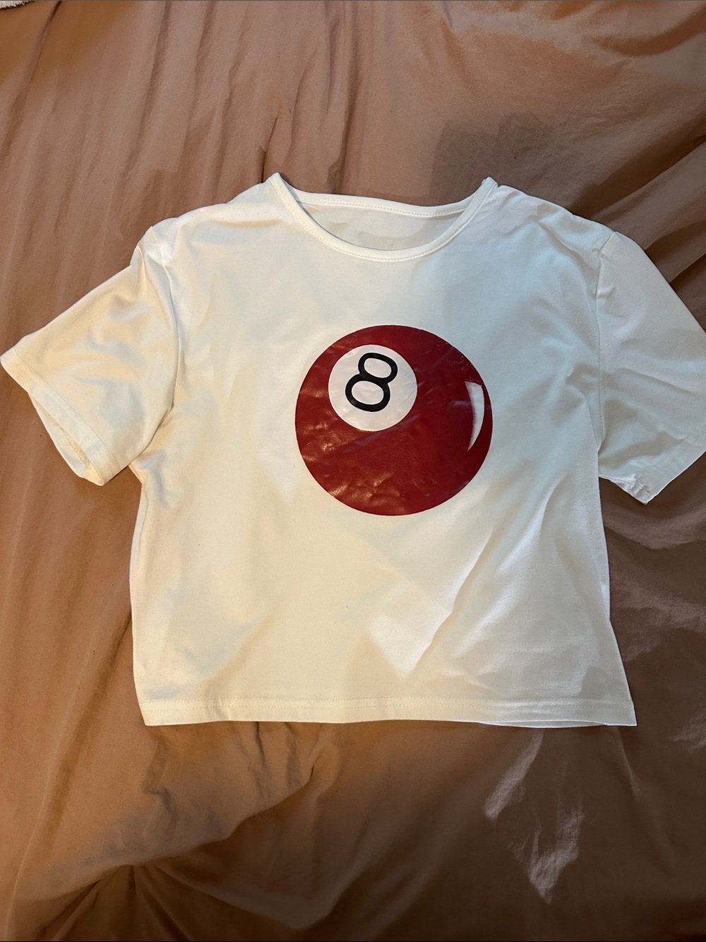 White Crop Tee with Red 8-Ball Graphic